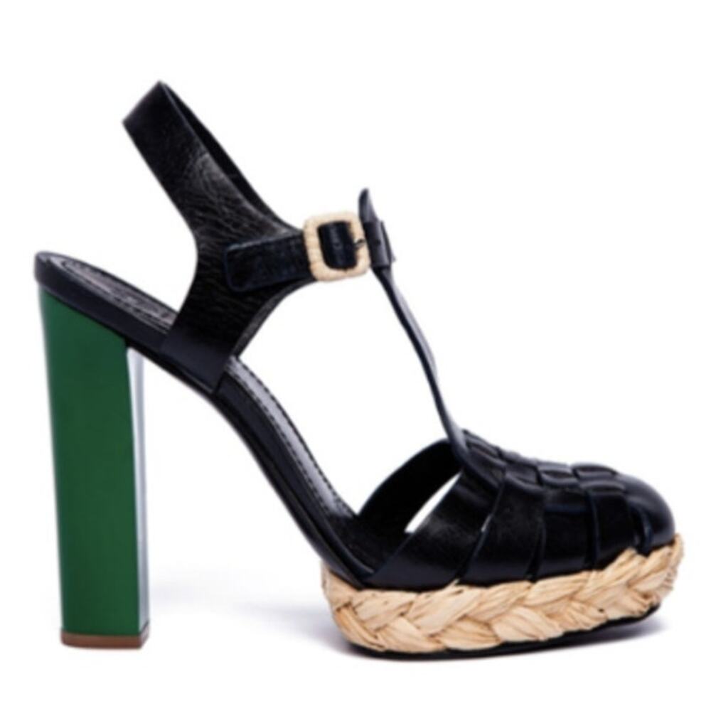 Tory Burch Black Leather T-Strap Platform Sandal with Green Block Heel